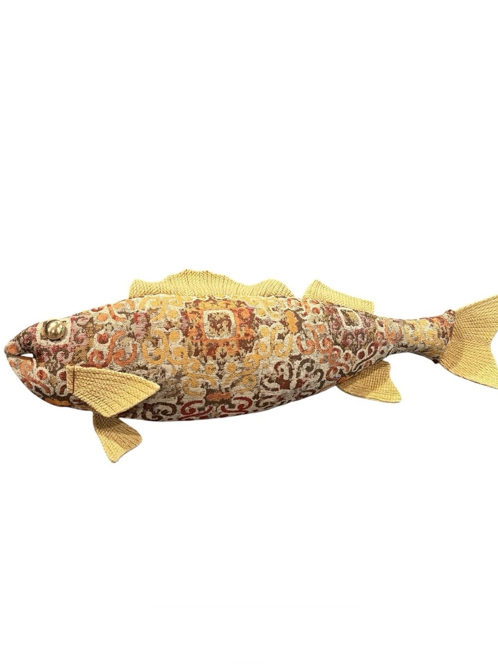 Vintage Tapestry fish shaped throw pillow 3D 28” handmade tan red orange
